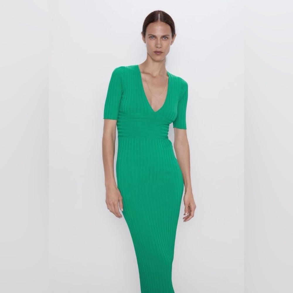 Zara Women’s Green Stretch Ribbed Midi Dress, Size S